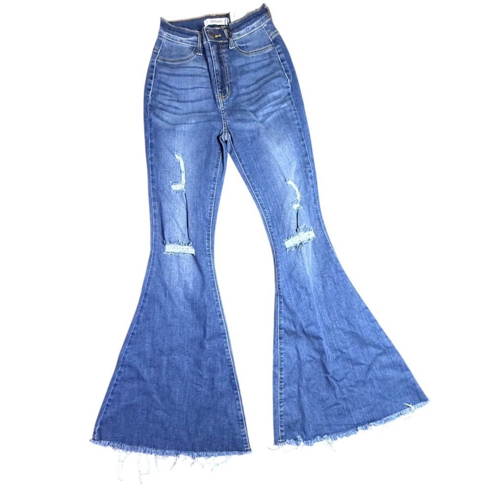 Zenana High Waist Distressed Flare‎ Jeans Frayed Hem Medium Wash Denim Size 25